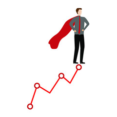 The man with the Superman's Cape. Man and a financial chart. Сharacter for landing pages Flat cartoon character isolated on white background