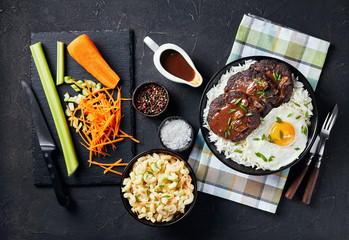 overhead view of loco moco on a plate