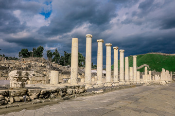Amazing View to the Ancient Roman Columns in the Beit She'an Park, Israel