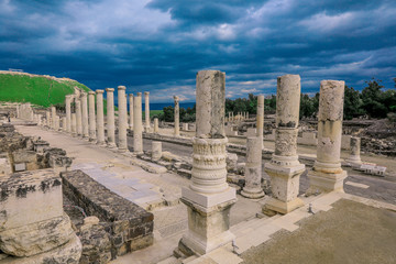 Amazing View to the Ancient Roman Columns in the Beit She'an Park, Israel