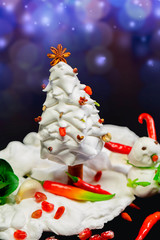 Christmas greeting card made with ingredients, with snowman and Christmas tree