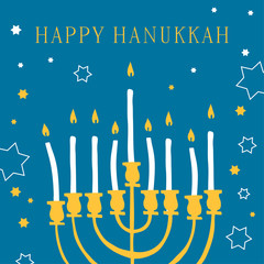 Happy Hanukkah. Greeting card design template with mehorah and candles. Hand drawn sketch vector illustration