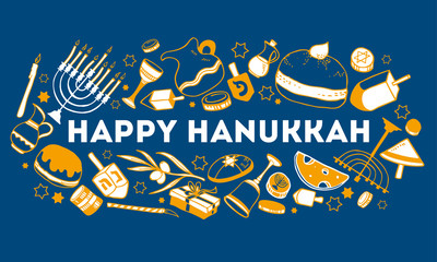 Obraz na płótnie Canvas Hanukkah greeting design template. Traditional objects and food with wishing. Hand drawn outline vector sketch illustration