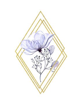 Watercolor Transparent Rose rhomb frame with golden glitter. Vertical arrangement with purple blue flowers, leaves and shiny foil. Hand painted floral illustration for text and wedding stationery