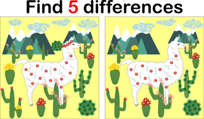 Find the differences between the pictures. Children's educational game. Sweet llama, alpaca among cacti and mountains