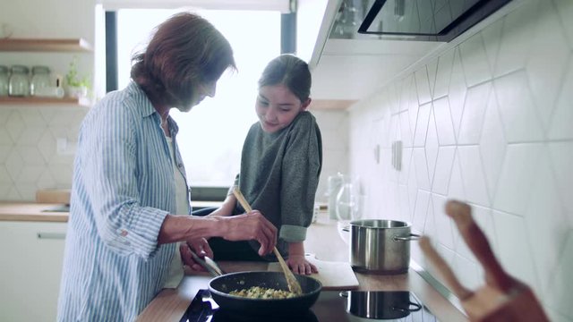 A small girl with senior grandmother indoors in kitchen cooking.