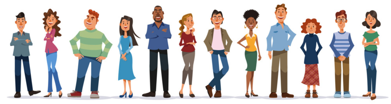 ￼白い背景に立つ多様な人々のセット。笑顔の男性と女性、異なる国籍。フラットな漫画スタイルのカラフルなベクターイラストレーション。