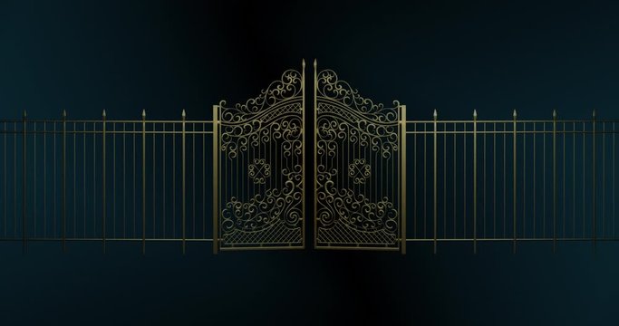 3D rendered animation. Opening and Closing Golden Gates and Fence.  Isolated from Black Background