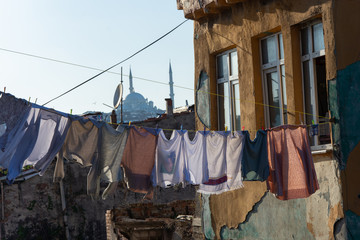 laundry drying on a line on Istanbul street