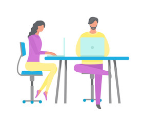 Man and woman sitting on seat at table working with laptop, teamwork and workplace, people using wireless gadget in office, communication with pc. Vector illustration in flat cartoon style