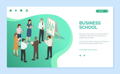 Business school vector, brainstorming people standing by whiteboard. Coach with information on board, students and teachers teaching students. Website or webpage template, landing page flat style