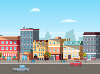 Empty street, buildings colored in different shades. Cars driving on roads, city life with transport and residential property of people old town. Vector illustration in flat cartoon style