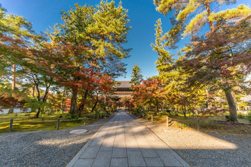 Early morning without tourists, Autumn colors fall foliage view of  Sanmon (Main Gate) and gardens at Zuiryusan Nanzen-ji or Zenrin-ji. Zen Buddhist temple in Kyoto, Japan.