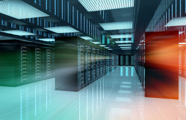 Servers data center room with bright speed light through the corridor 3D rendering