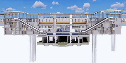 Сross-section view of BIM model of transport hub building and subway station and 