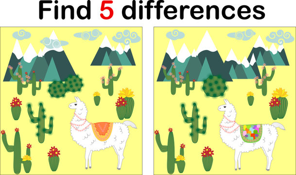 Find the differences between the pictures. Children's educational game. Sweet llama, alpaca among cacti and mountains
