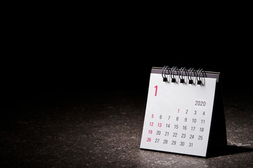 2020 January calendar on black background 
