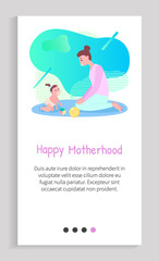 Happy motherhood, woman playing with baby on mat, mother and daughter sitting on floor, funny time with toys, crawling child and caring mom vector. Slider for motherhood app