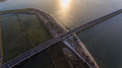 Aerial. Vasco da Gama bridge over the Tagus River in the capital of Lisbon.
