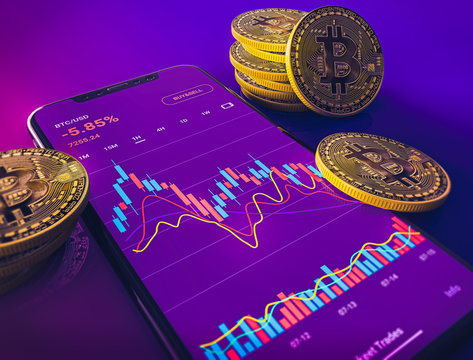 bitcoin price phone app with candlestick chart and golden coins