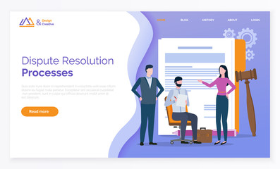 Dispute resolution processes, documents and gavel. Man and woman solving problems, partners reconciliation, lawyer online, rights and notes vector. Webpage or website template, landing page flat style