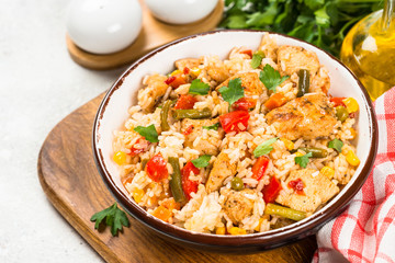 Rice with chicken and vegetables.