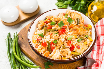 Rice with chicken and vegetables.