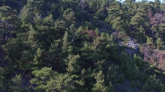 Drone flight over mountain to reveal Skala Potamia and Aegean Sea in Thassos, Greece