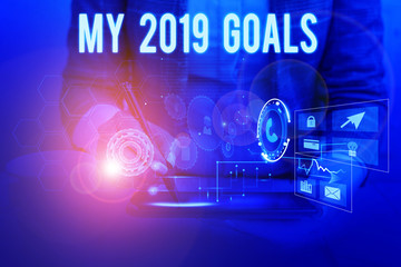 Text sign showing My 2019 Goals. Business photo showcasing setting up demonstratingal goals or plans for the current year Woman wear formal work suit presenting presentation using smart device