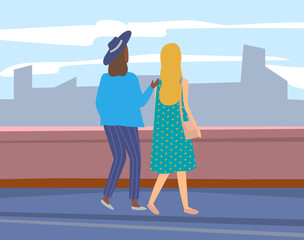Back view of women speaking outdoor, friends walking near buildings. Ladies in casual clothes going outdoor, skyscraper view, females leisure. Vector illustration in flat cartoon style