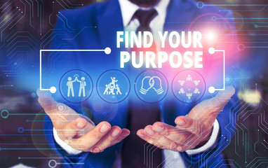 Handwriting text Find Your Purpose question. Conceptual photo reason for something is done or for which exists Male human wear formal work suit presenting presentation using smart device
