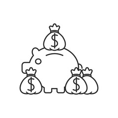 Piggy bank surrounded by money sacks. Saving money concept. Outline 