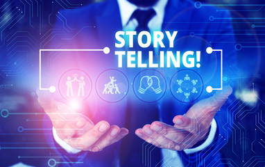 Handwriting text Story Telling. Conceptual photo activity writing stories for publishing them to public Male human wear formal work suit presenting presentation using smart device