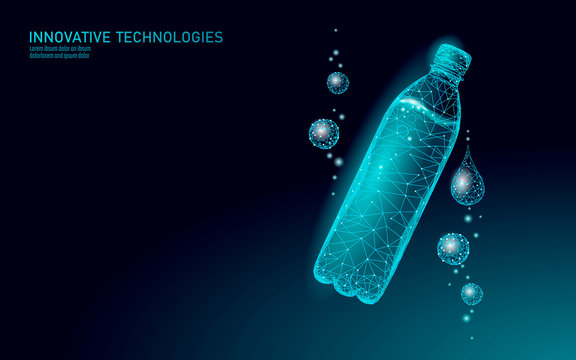 3D water bottle polygonal banner. Aqua liquid package. Plastic transparent drink full beverage clean natural artesian drinking water. Low poly dark modern design vector illustration