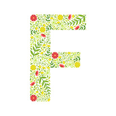 Capital Letter F, Green Floral Alphabet Element, Font Uppercase Letter Made of Leaves and Flowers Pattern Vector Illustration