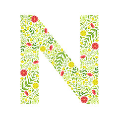 Capital Letter N, Green Floral Alphabet Element, Font Uppercase Letter Made of Leaves and Flowers Pattern Vector Illustration
