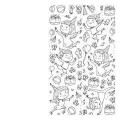 Vector illustration in cartoon style, active company of playful preschool kids jumping, at a party, birthday. Monochrome style in black and white color.