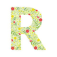 Capital Letter R, Green Floral Alphabet Element, Font Uppercase Letter Made of Leaves and Flowers Pattern Vector Illustration