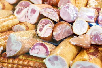 Ham and sausage on store