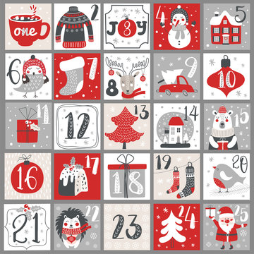 Christmas Advent Calendar With Hand Drawn Elements. Xmas Poster. Vector