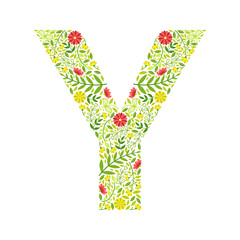 Capital Letter Y, Green Floral Alphabet Element, Font Uppercase Letter Made of Leaves and Flowers Pattern Vector Illustration