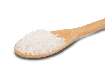 Coarse or rock sea salt in wooden spoon isolated on white background. Clipping path.