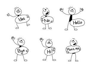 Speech bubbles icons set with people. Doodle cute miniature scenes of workers with chat clouds. Hand drawn cartoon vector illustration for social design.