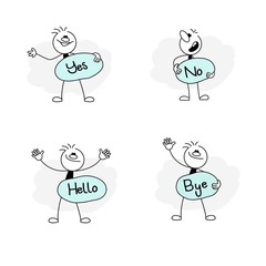 Speech bubbles icons set with stick figures and yes, no, hello, bye. Hand drawn cartoon vector illustration for social design.