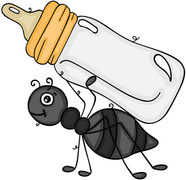 Little ant carrying a baby milk bottle