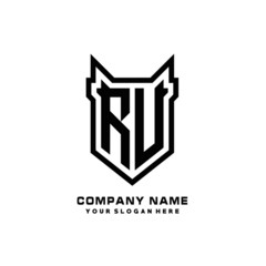Initial letter RU Shield vector Logo Template Illustration Design, black color