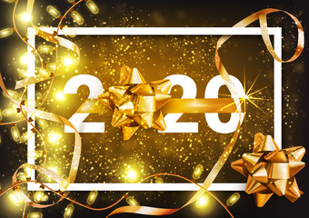 2020 Happy New Year Creative gold Background With gold Christmas Bow, Elements - Vector