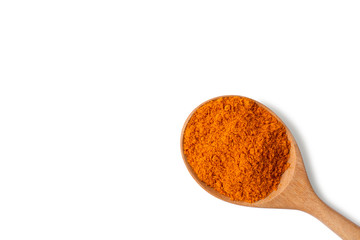 Turmeric powde in wooden spoon isolated on white background,