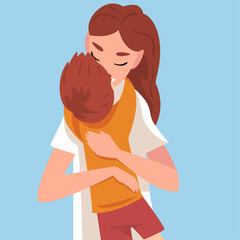 Baby hugs mom, mom kisses son cartoon vector illustration