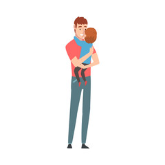 Father holds little son in his arms cartoon vector illustration
